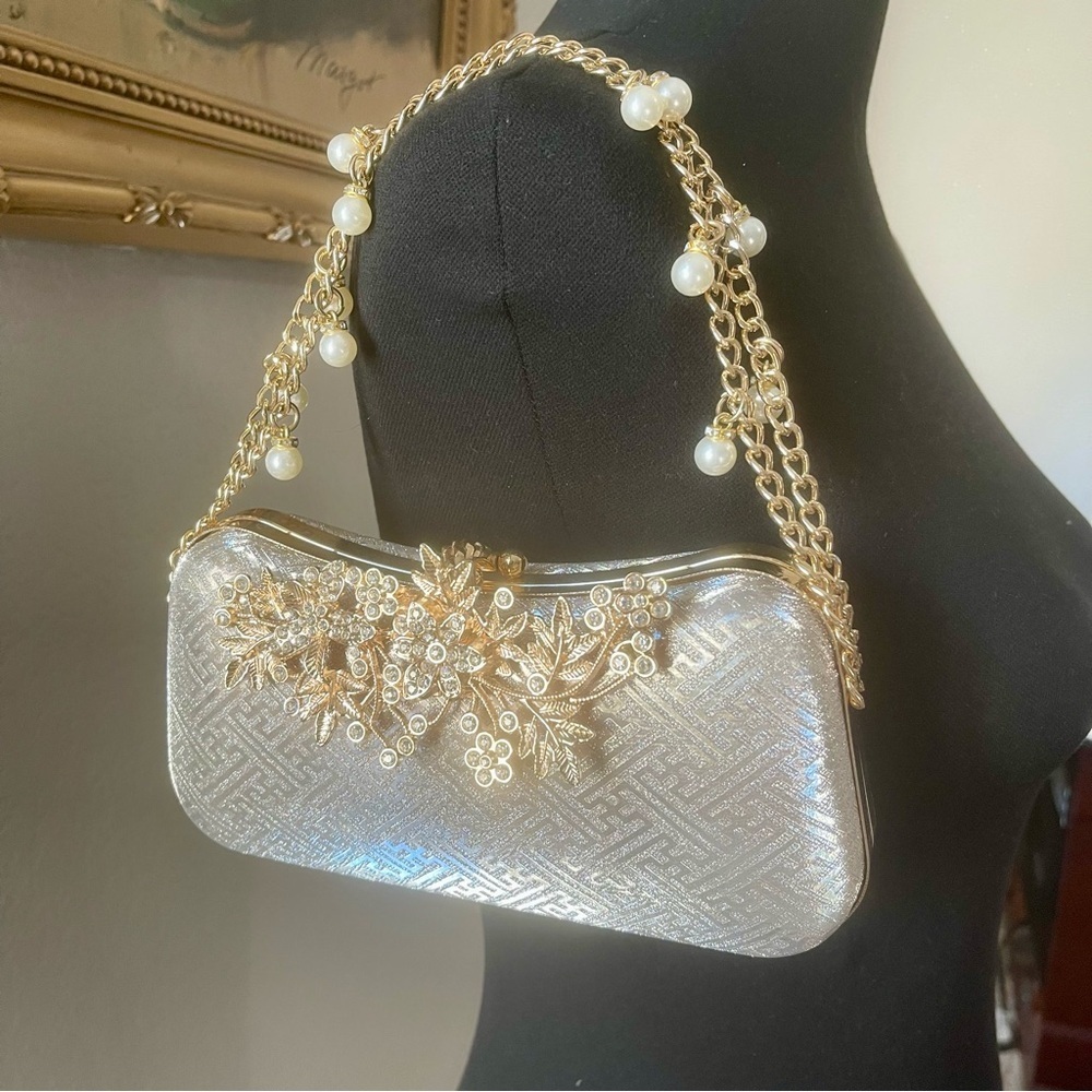 New! Bridal Metal Embellished Fancy Clutch Color Silver with Shimmer Gold Brooch
